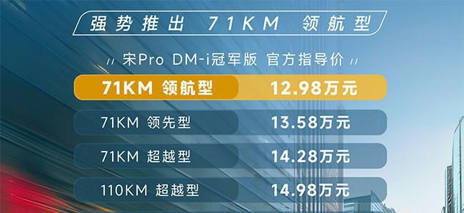 宋Pro DM-i冠军版正式上市 售价为12.98万元