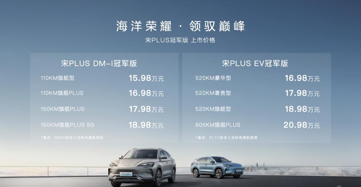 更好看更省钱更安全 比亚迪宋PLUS冠军版上市 售价15.98万元-20.98万元