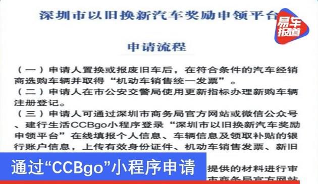 深圳优化以旧换新汽车购置奖励政策 通过“CCBgo”小程序申请