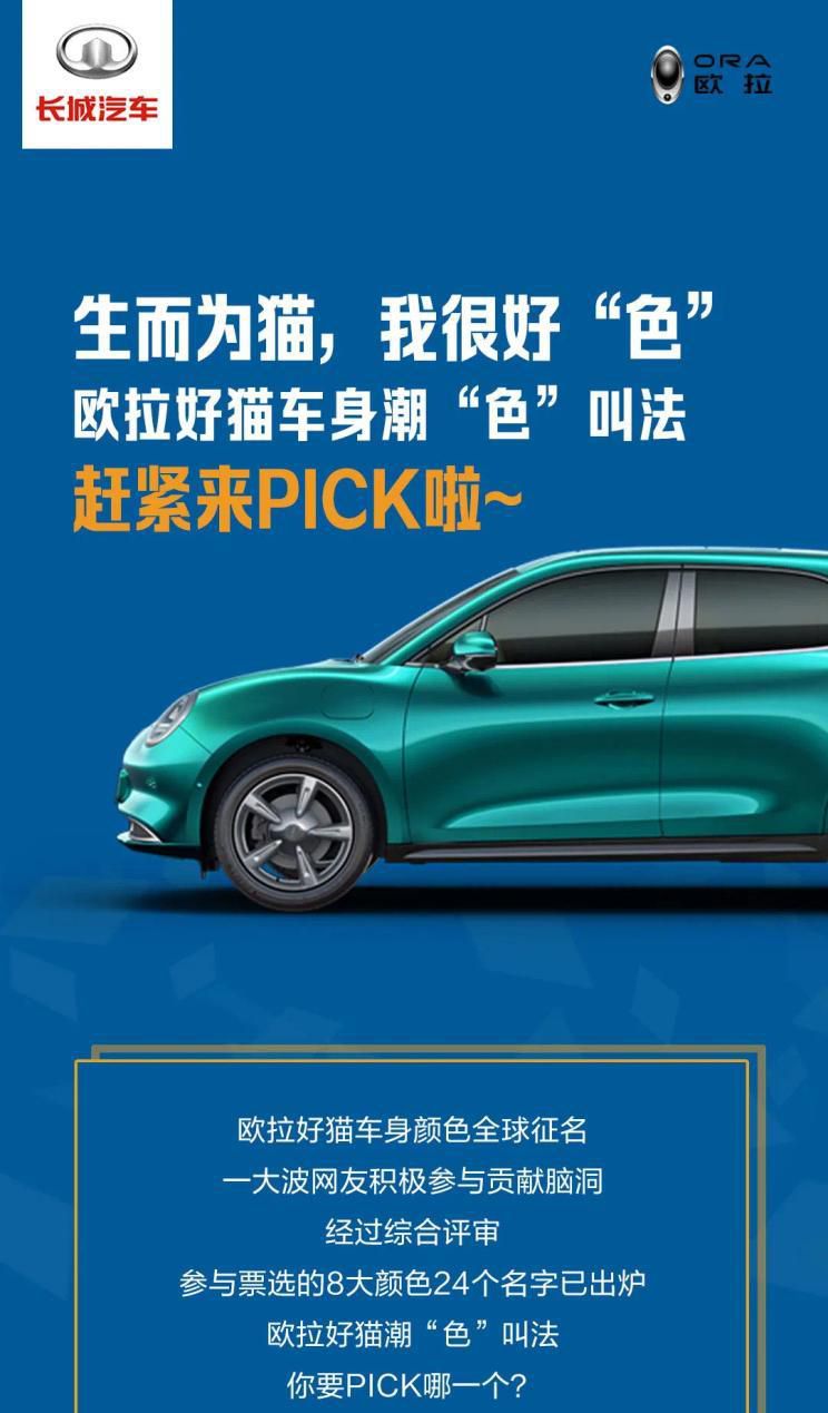 将于10月上市 欧拉好猫车身颜色征名