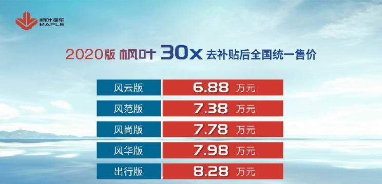 补贴后售价6.88万元起 枫叶30X已上市
