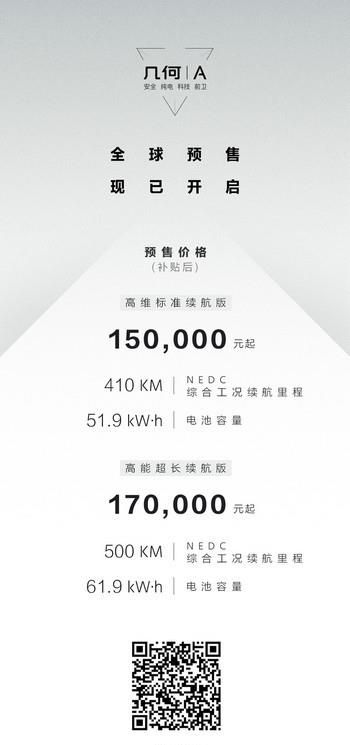 补贴后高维版15万元起 高能版17万元起 吉利几何A预售价公布
