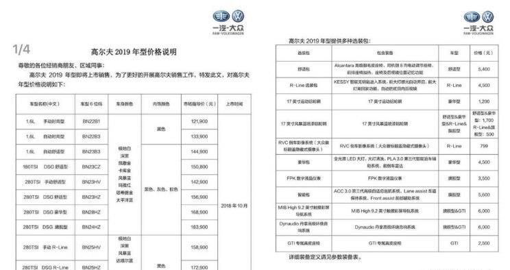 曝新款高尔夫家族疑似售价 或12.19万起